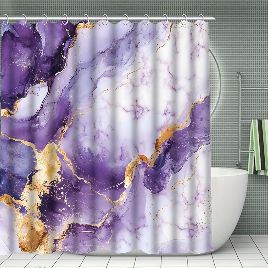 Набор из 4 предметов для ванной комнаты: шторка для душа, фиолетово-золотистый узор, занавеска для ванной комнаты с 12 крючками, противоскользящие коврики, коврик для крышки унитаза, перегородка для ванной