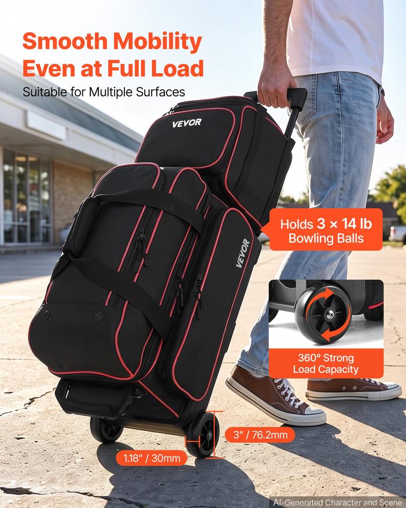 VEVOR 3 Ball Bowling Bag Double Roller Bag with Separate Shoe Compartment, for Bowling Shoes (Up To US Men Size 16), Rolling Ball Bag w/ Wheel