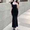 Women Maxi Dress Square Neck Short Sleeves Solid Color Slim Fit Elastic Fishtail Hem Sheath Soft Breathable Lady Daily Party Dress