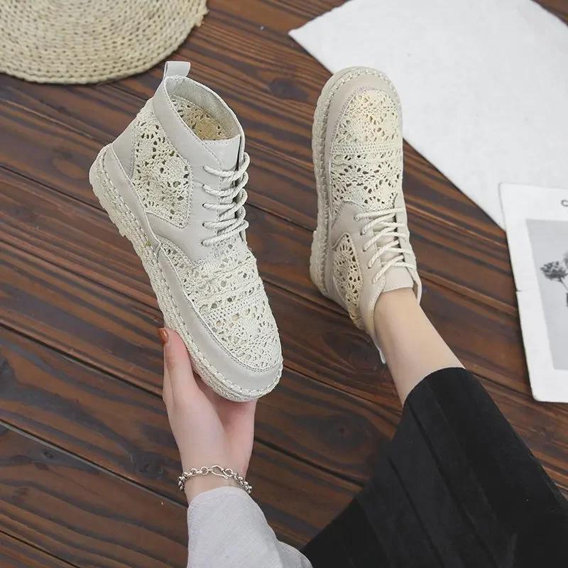 Мода 2024 Новые женские дышащие сетчатые летние туфли на шнуровке для ходьбы на мелкой подошве Новые однотонные нескользящие повседневные туфли 35-40