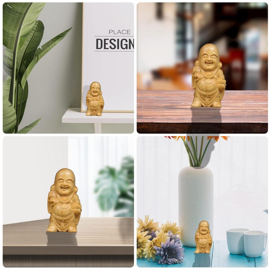 Hotei Buddha Wood Seven Lucky Hotei Maitreya Improves Good Feng Shui Interior Gift Statue, Carving, Gods, Ornament, Wooden, Mini, Bodhisattva, Object,