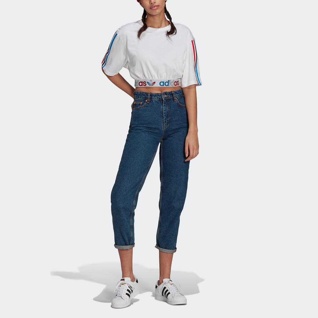 adidas Женские трехцветные укороченные топы Originals Primeblue с круглым вырезом Белый Умеренный GN6979