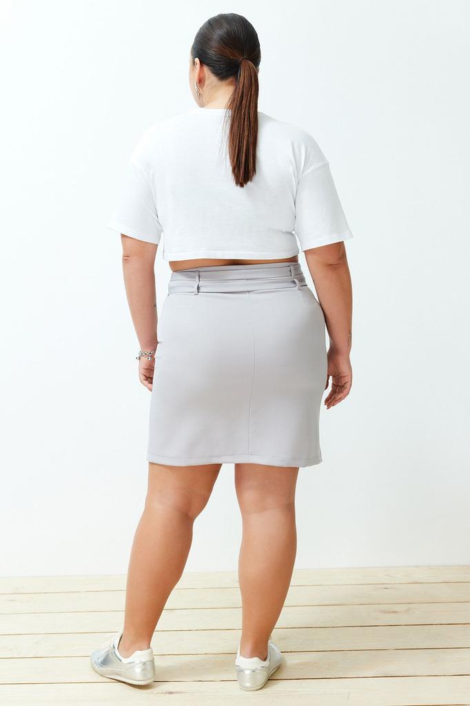 Women's Fashion New Plus Big Size Skirt Black High Waist Double Belt Detailed Woven Skirt