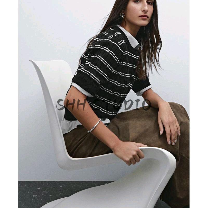 MD Spring New Women's Clothing Intellectual Intelligence Commute Style Stripes Short Sleeve Knitwear Tops 5719678