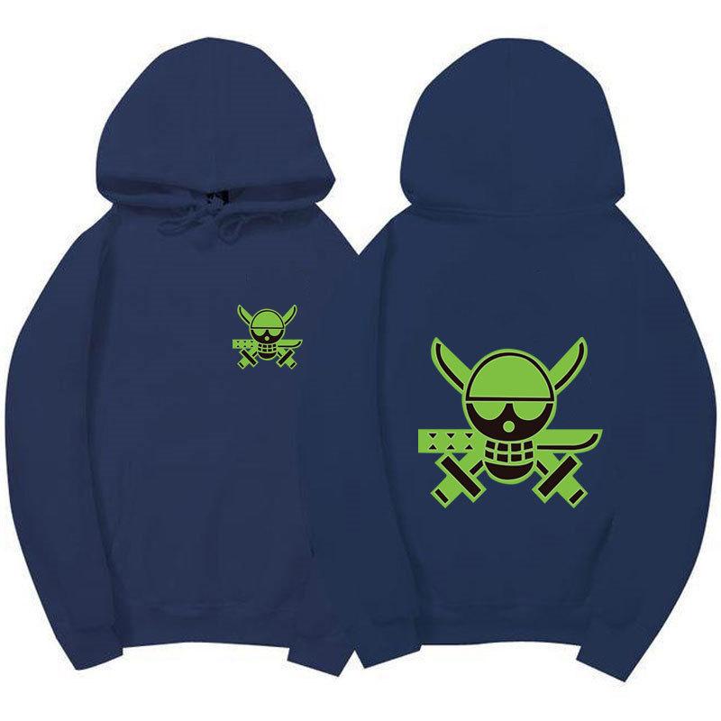 One Piece Roronoa Zoro Hoodie, Front Small Back Large Zoro Skull Logo Print Pullover Sweatshirt Unisex Streetwear