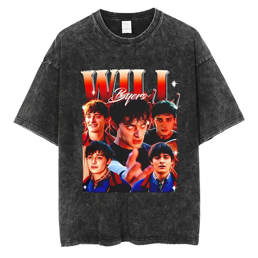 Vintage Washed Will Byers Graphic T Shirt Mens Fashion Pop TV Show Short Sleeve Tshirts Casual Cotton Tshirt Streetwear