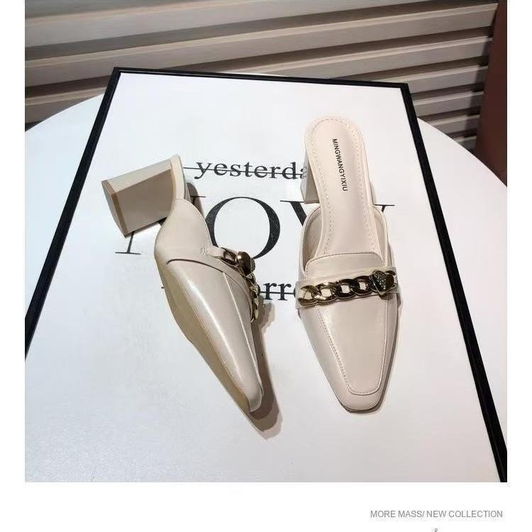 Модные женские полутапочки с украшением в виде цепочки на носке, уличные шлепанцы, туфли-лодочки на среднем каблуке, роскошные сандалии на квадратном каблуке