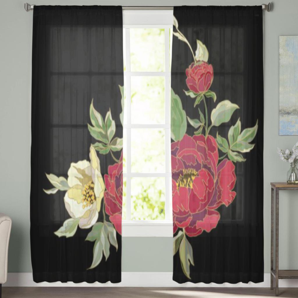 Красные цветы пиона, черные прозрачные шторы для гостиной, прозрачная тюль, оконная занавеска для спальни, кухни, домашний декор, вуаль, шторы
