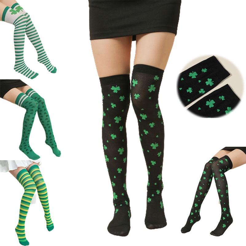 Женщины ул.. Носки до бедра в полоску с трилистником на День святого Патрика