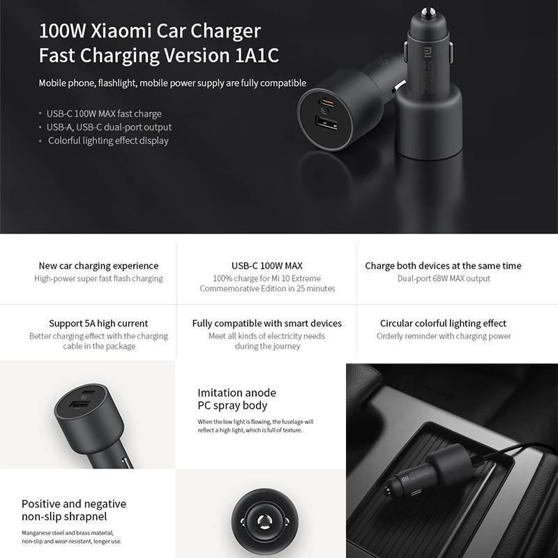 Оригинальное автомобильное зарядное устройство Xiaomi, 100 Вт, быстрая автомобильная зарядка, двойной порт USB-A, USB-C, автомобильное быстрое зарядное устройство для смарт-устройств CC07ZM