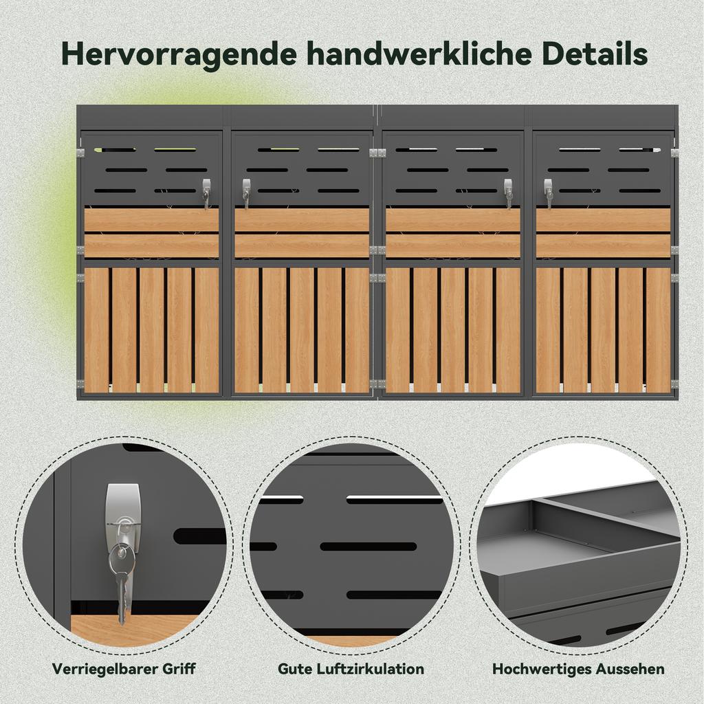 Multifunctional Outdoor Cabinet with Planter Box, Four Compartments, Galvanized Steel Frame – for Storage & Garden Decoration (without Waste Bin)
