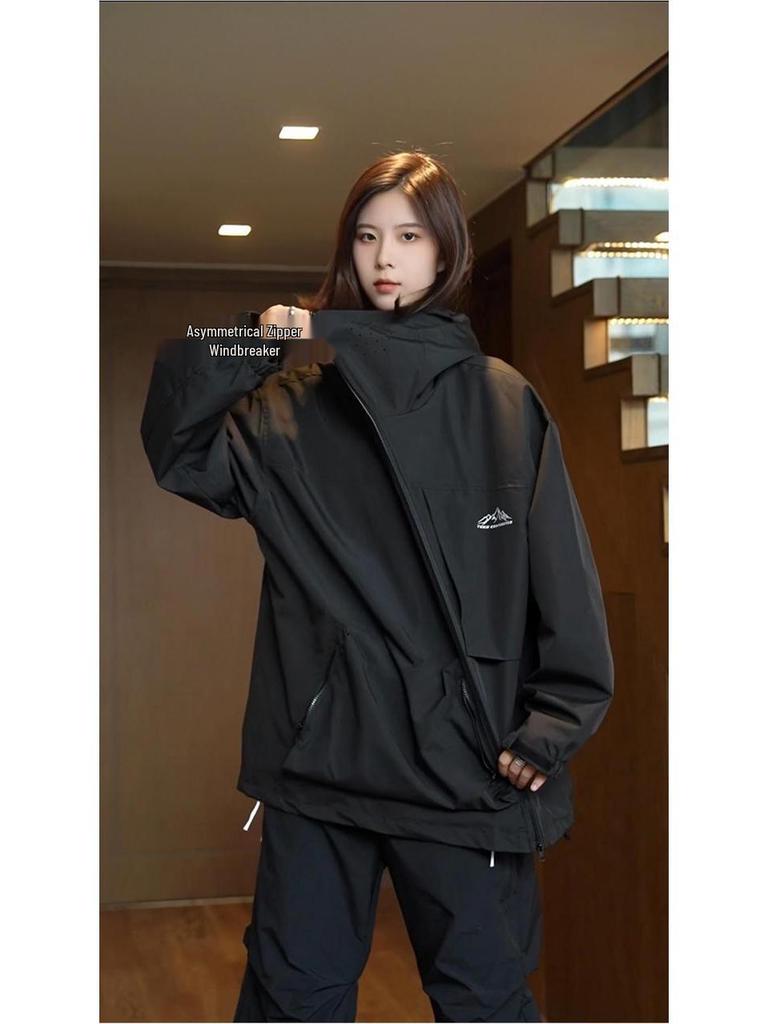 Винтажный американский ветрозащитный анорак унисекс: С капюшоном, Непромокаемый, Косая молния для осени/зимы