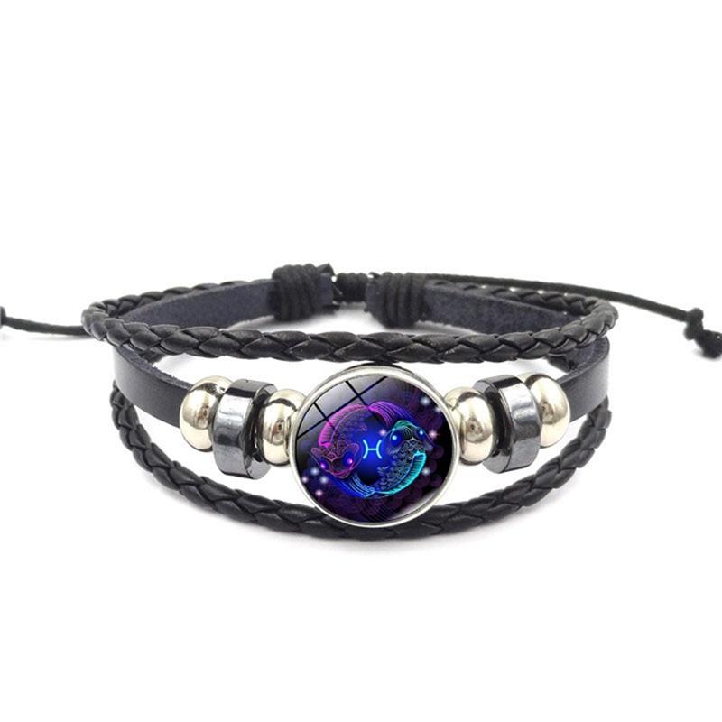 Unisex Snap Bracelet Weaving Fashion 12 Constellation Bead Leather Charm Couple Bangles Gifts