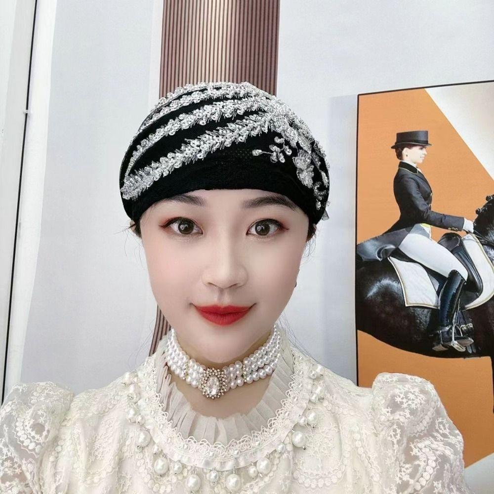 Head Scarf Lace Turban Hats Rhinestone Islamic Under Scarf Solid Color Summer Thin Headscarf  Girls
