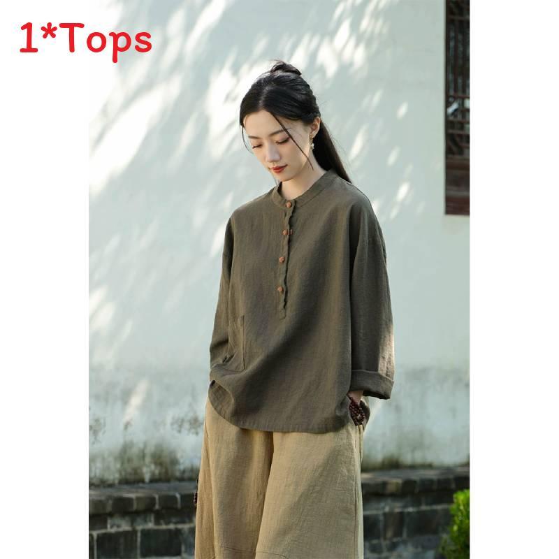 Spring Linen Cotton Womens Shirt With Colorblock Buttons For Vintage Style Casual Wear