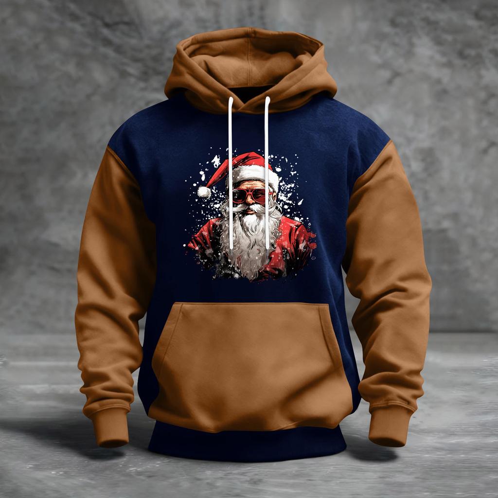 Мужской рождественский свитшот с капюшоном, повседневный, спортивный, удобный, с цветными блоками и принтом