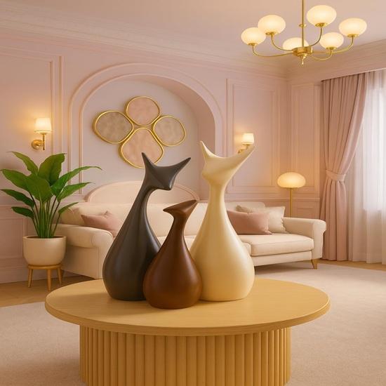 Home Decor Lucky Deer Family Matte Finish Ceramic Figures Set of 3, Matte Brown Christmas Decoration Items for Home Living Room Office