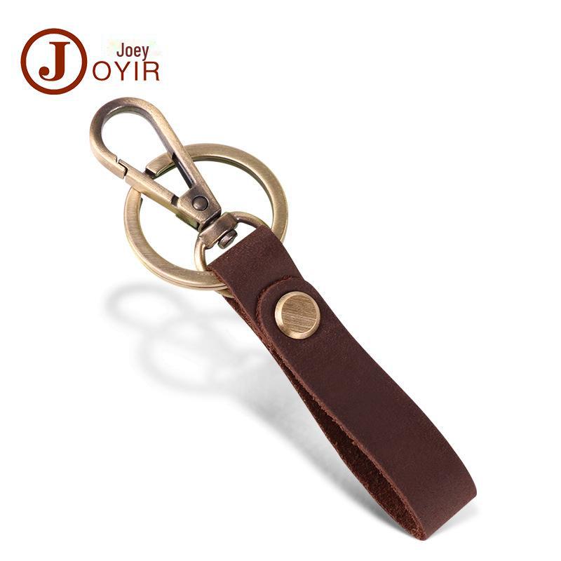 Men's Personalized Crazy Horse Leather Keychain with Metal Ring