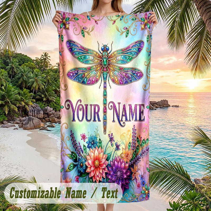Dragonfly Dreams Bloom 1 Theme Quick Dry Beach Towel Custom Name Text Print Large Sand Resistant Towel Beach Vacation