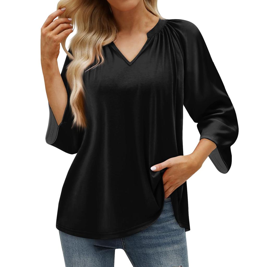Women's Summer Casual 3/4 Sleeve T-Shirt Solid V Neck Pullover Top