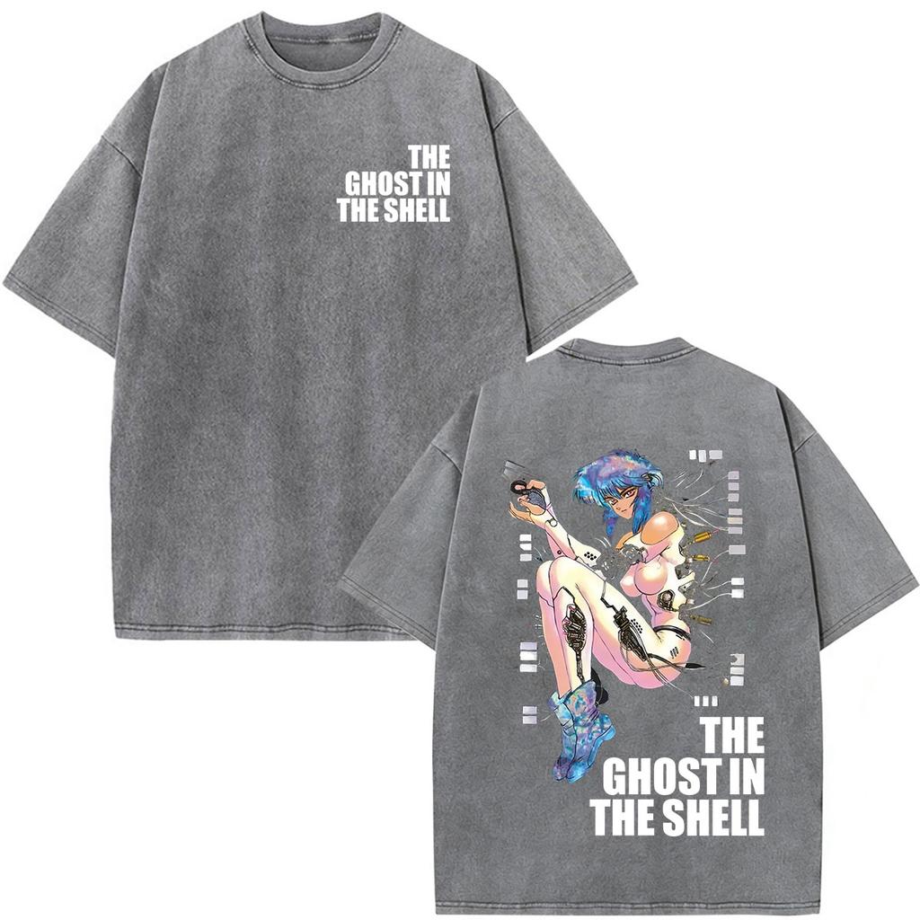 Винтажные стираные аниме-футболки Ghost in The Shell Мотоко Кусанаги для мужчин и женщин, модная одежда, панк, оверсайз, с коротким рукавом