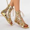 Fashion Gold 2025 Summer Gladiator Sandals Booties Flats Cut Hollow Out Studs Punk Square Head Sandals Ankle Boots Casual Shoes Zapatos