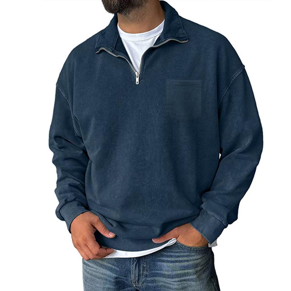 Мужской пуловер с воротником-стойкой, хлопковая толстовка, однотонный топ с длинным рукавом для осени-зимы