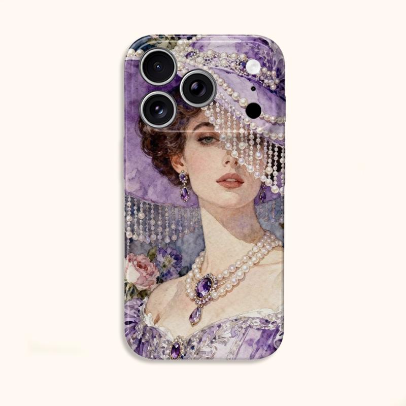 Enchanted Purple Pearl Lady Watercolor Portrait Art Film Aesthetic Protective Shockproof Bumper Phone Case Cover For iPhone 14 15 16 17 Pro Max Plus