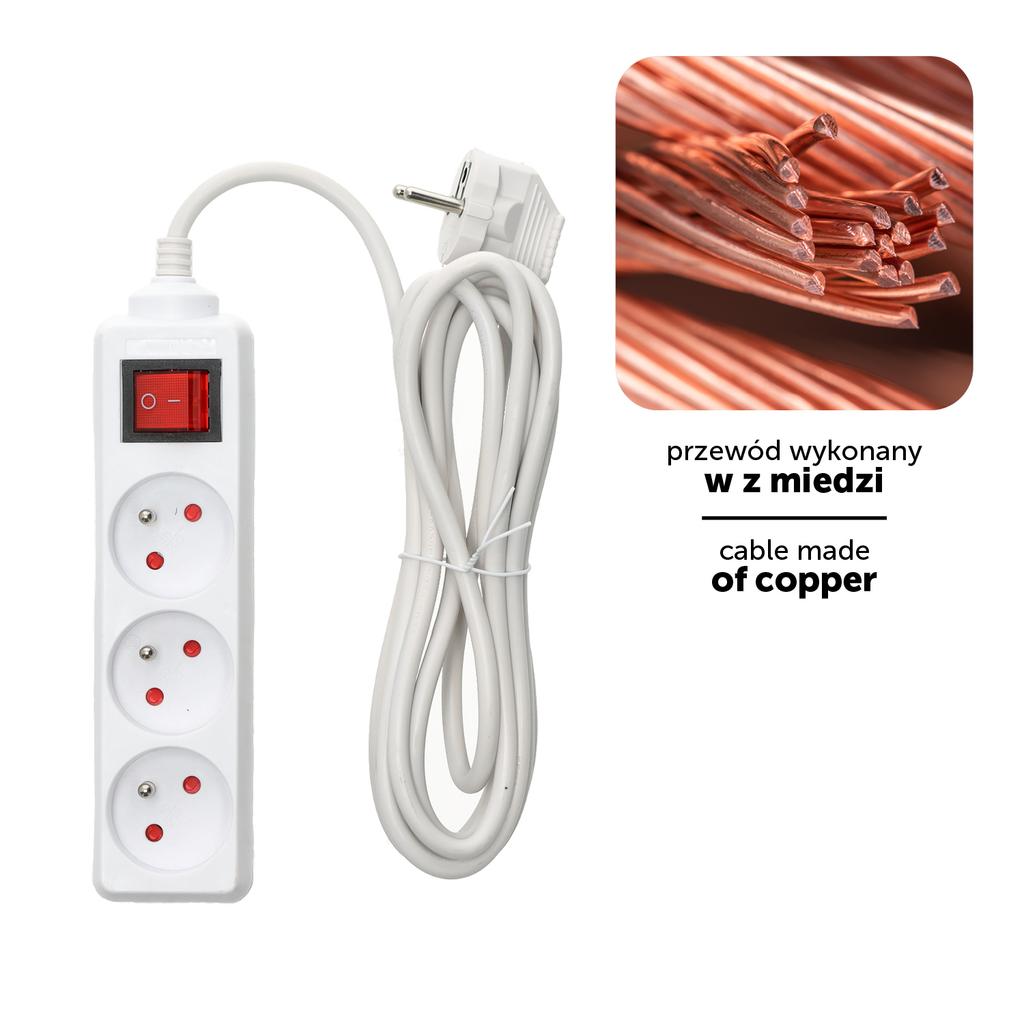 Home extension cord, 3 sockets, 3m, with grounding and switch, white