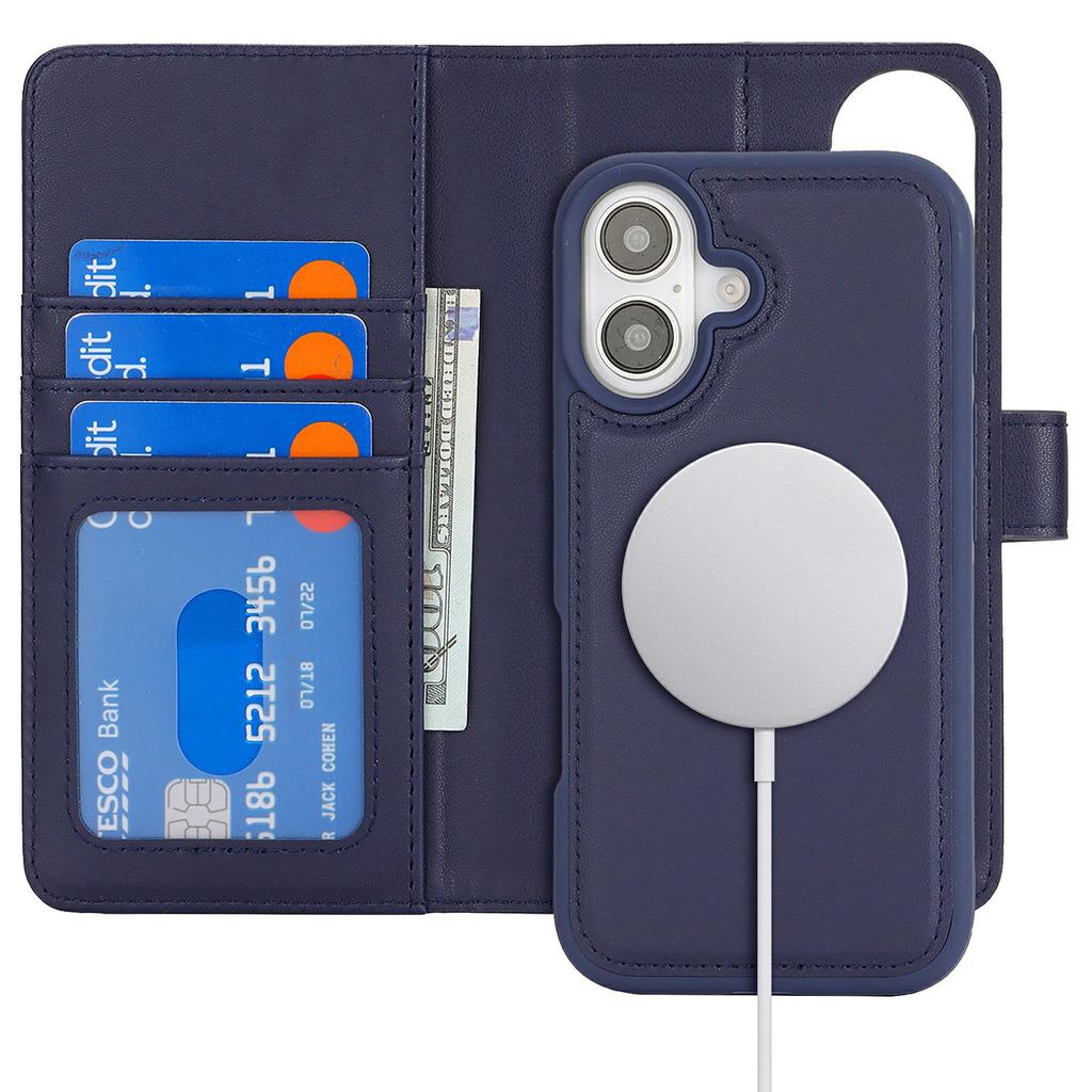 For iPhone 16 Wallet Case Compatible with MagSafe Anti-Drop Detachable PU Leather Phone Cover