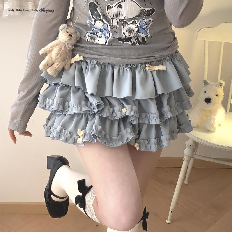Юбка мини с милыми оборками Y2K для женщин, юбка-бантик в стиле кавайной Лолиты, юбка-трапеция в стиле Харадзюку в японском стиле с высокой талией, розовая, синяя, с тортом