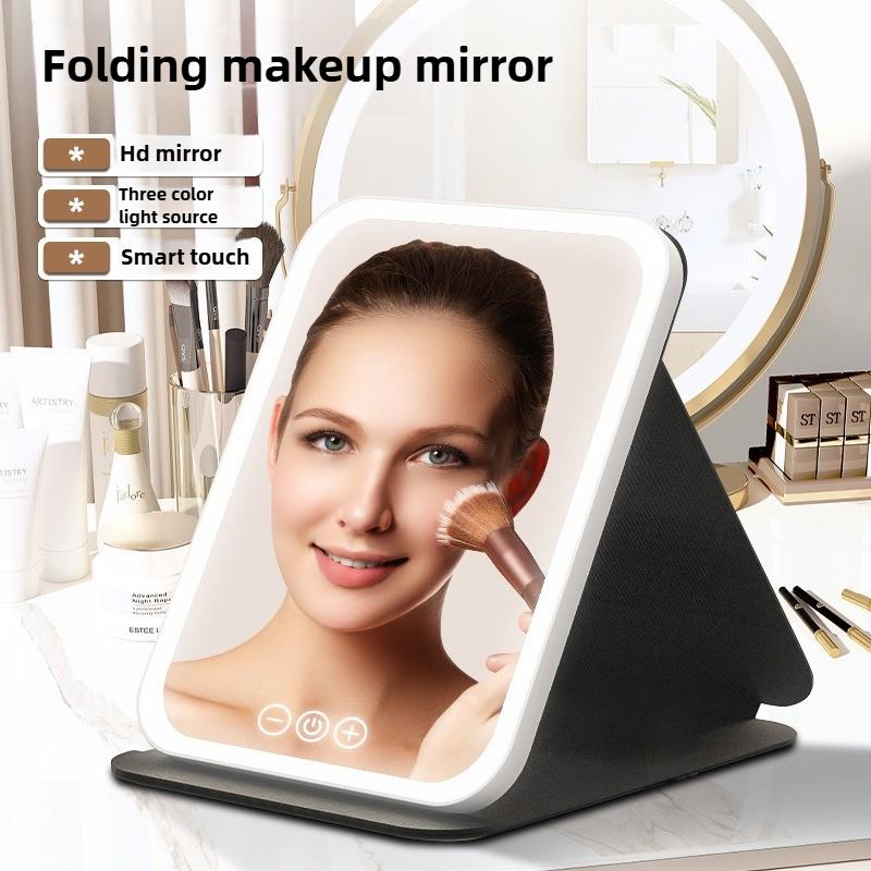 3Colors Foldable HD Makeup Mirror Intelligent Touch Control Adjustable Light LED Cosmetic Mirror Type-c Charging for Girls&Women