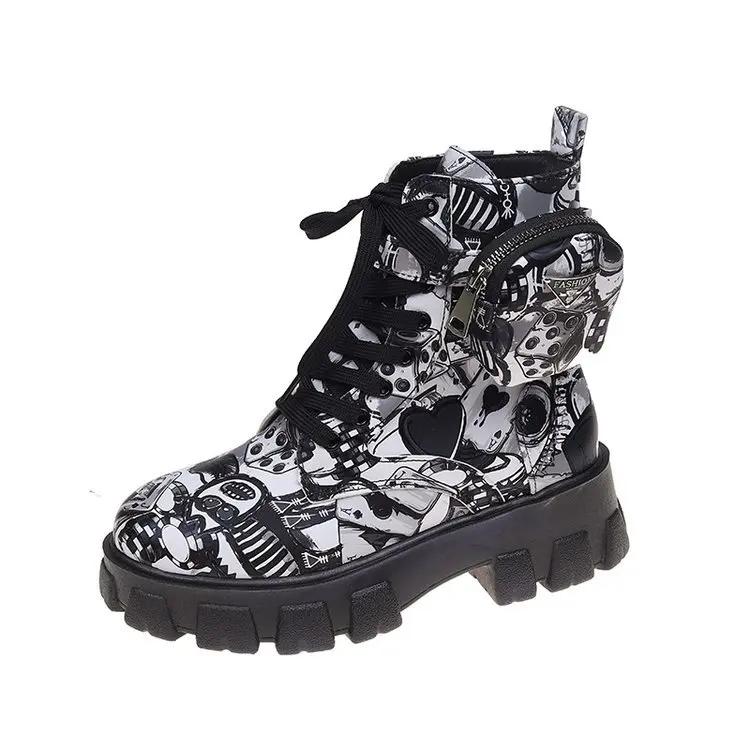 Женские ботильоны на толстой подошве, модная женская обувь с принтом, высококачественные нескользящие мотоциклетные ботинки, новые женские ботинки в готическом стиле