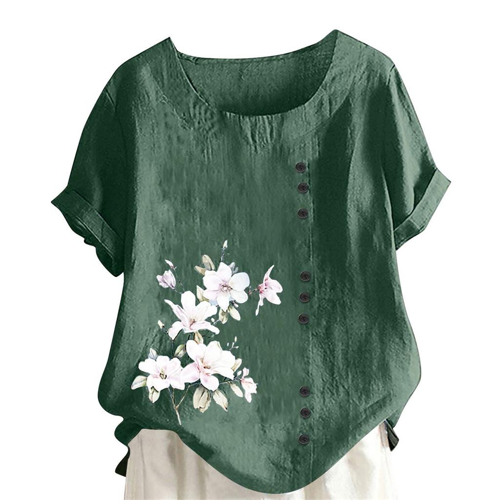 Women's Cotton Linen Round Neck Short Sleeve With Button Tops Printed T-shirt