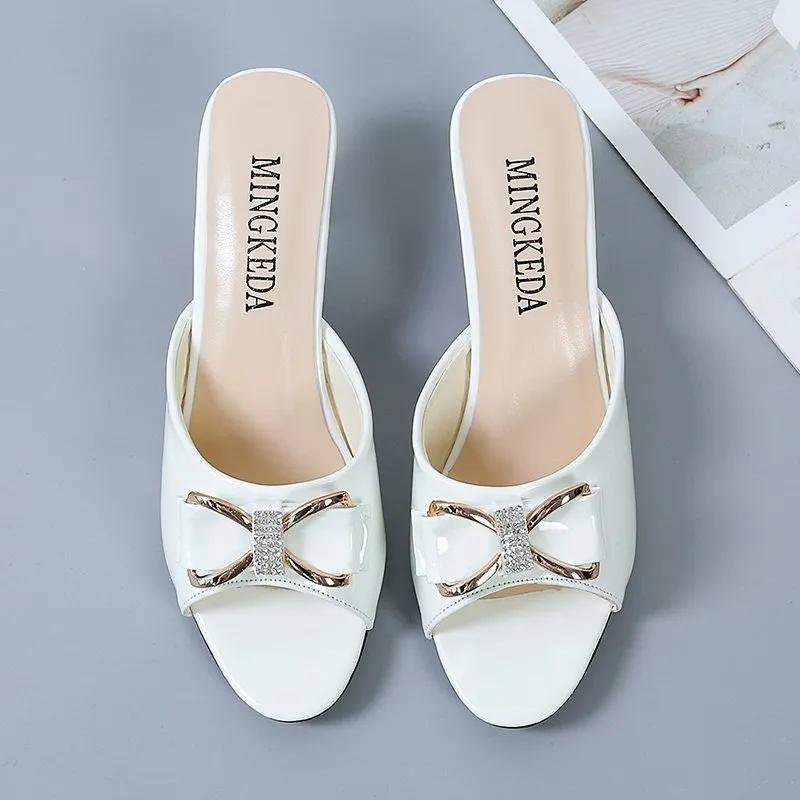 Slippers Women's Solid Color Summer Mid-heel Shoes Bow Candy Shoes One-word Sandals and Slippers Women's All-match High-heeled Sandals