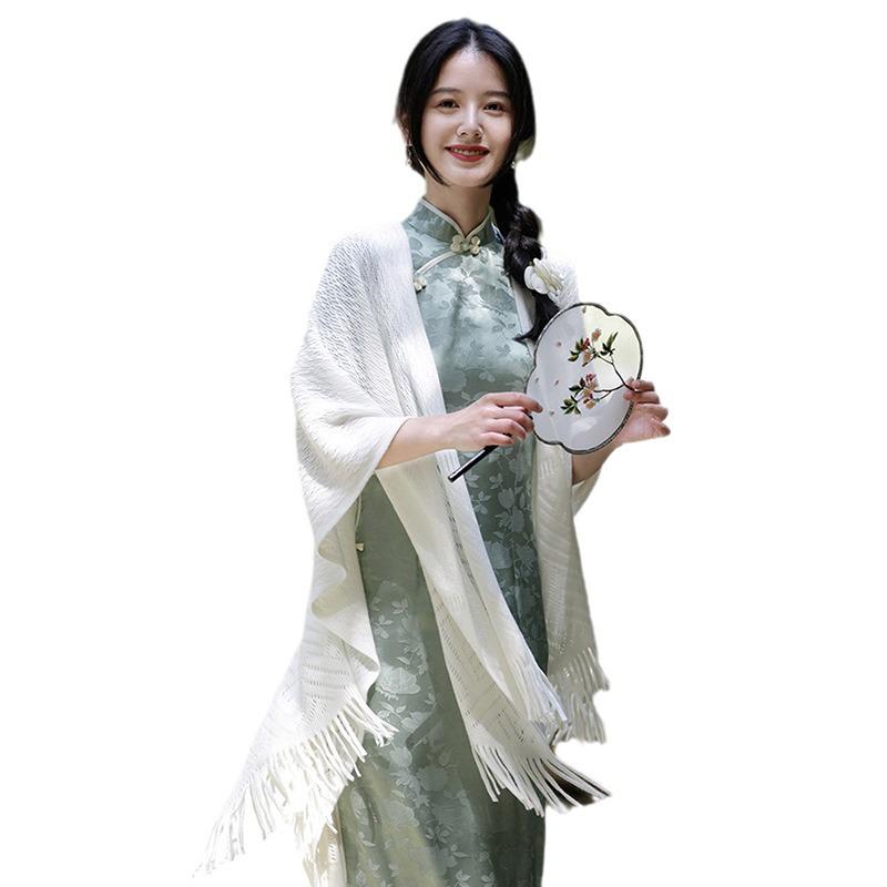 Тонкая шаль с кисточками цвета «кремовый»: Свежий художественный стиль для весны и лета с универсальным кардиганом-накидкой-шарфом Cheongsam