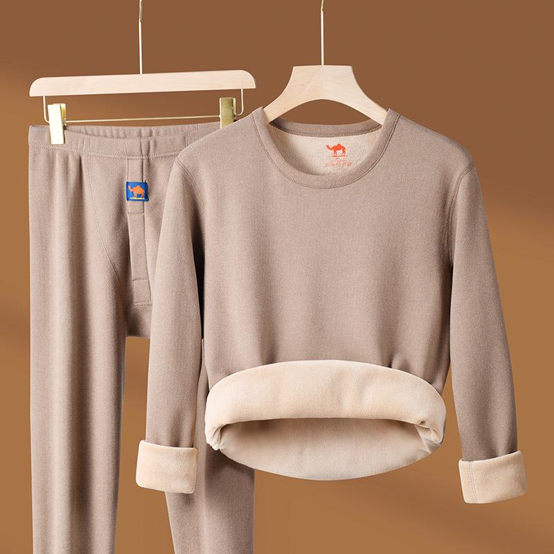 Men's Camel Hair Thermal Underwear Set: Half Turtleneck Top and Bottoms with Velvet Lining for Winter