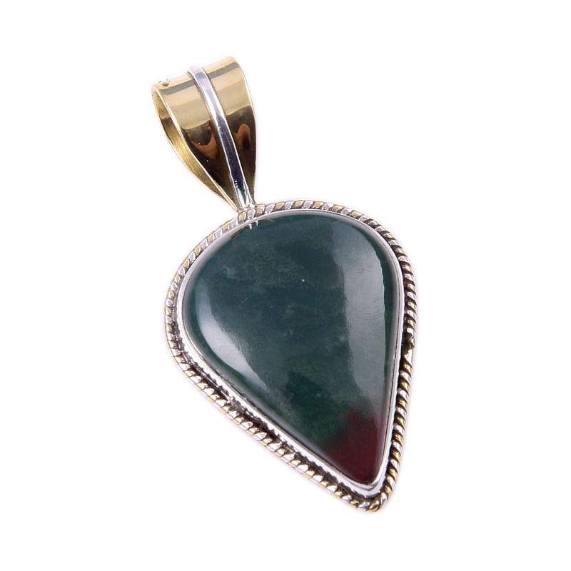 Natural Bloodstone Gemstone 925 Solid Sterling Silver TwoTone Pendant 1.25" W4p97