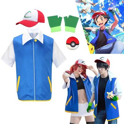 Мультфильм Аниме Эш Кетчум Тренер Синяя куртка Костюм P-PokemonING Go Синяя куртка Шапки Перчатки Для Мальчиков Девочек Косплей для Вечеринки