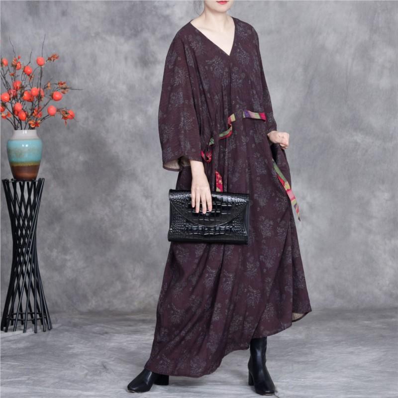 Johnature Women Bat Sleeve Print Floral Dress V-Neck Patchwork Spring Loose Vintage Bandage Dress