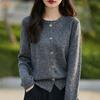 Женский кашемировый кардиган в корейском стиле с круглым вырезом - 100% чистая шерсть, повседневный универсальный свитер с цветочной пряжей.