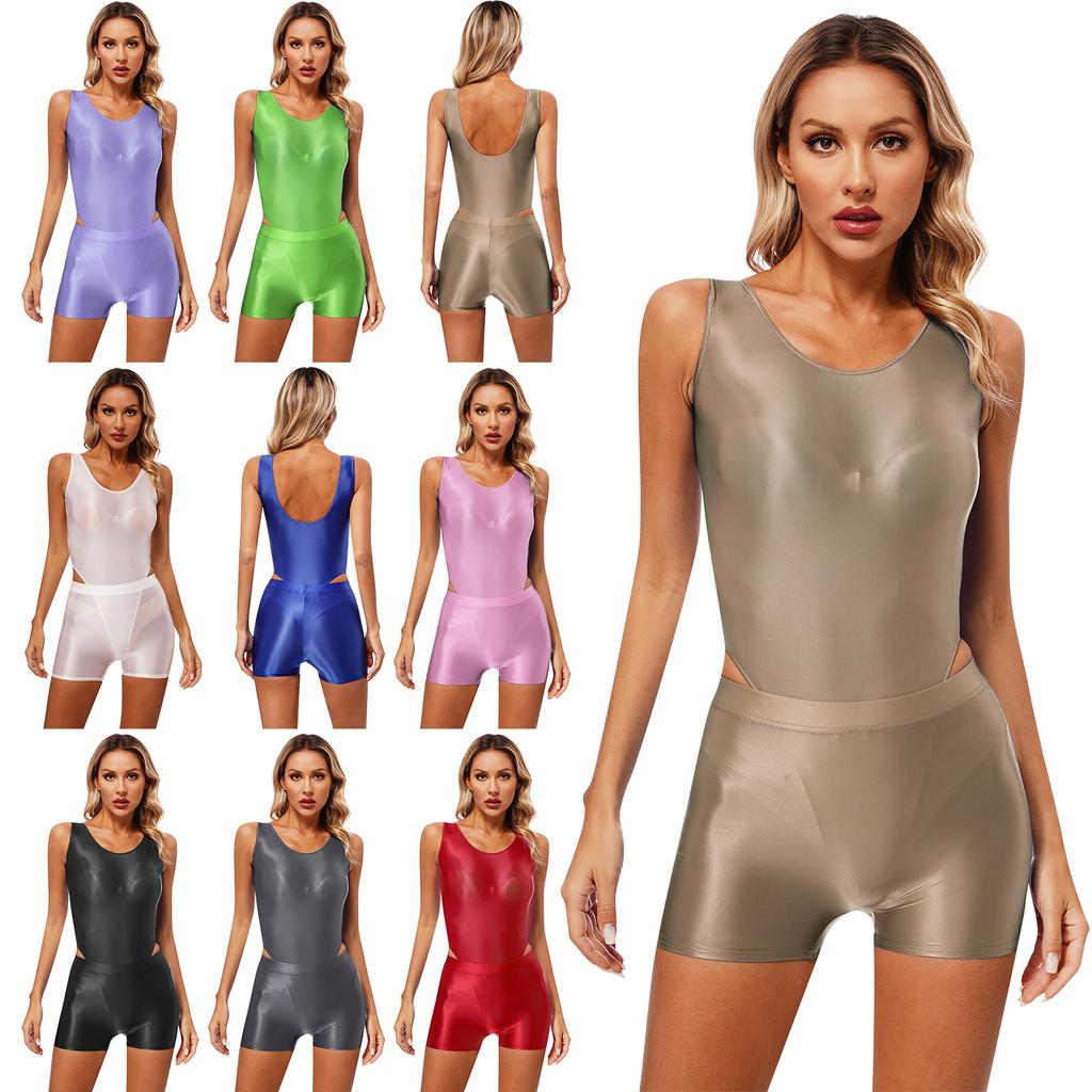 Womens Glossy Swimsuit Two Piece Swimwear Sleeveless Bodysuit Mid Waist Shorts Yoga Fitness Swimming Suit