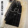 Woolen Plaid Skirt Female Winter High Waist Pocket Split Mid-length Office Skirts Korean Autumn Spring One-step Women Skirt