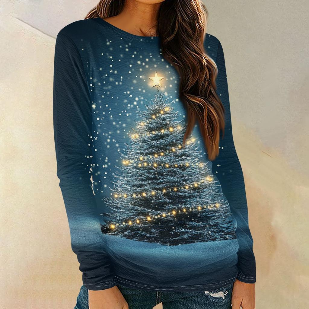 Женская мода круглый вырез пуловер с глубокими рукавами футболка с рождественским принтом топ