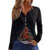 Женская футболка с принтом на пуговицах, длинный рукав, вязаный свитер, повседневный, модный, на выходные, базовый, с V-образным вырезом, обычный топ