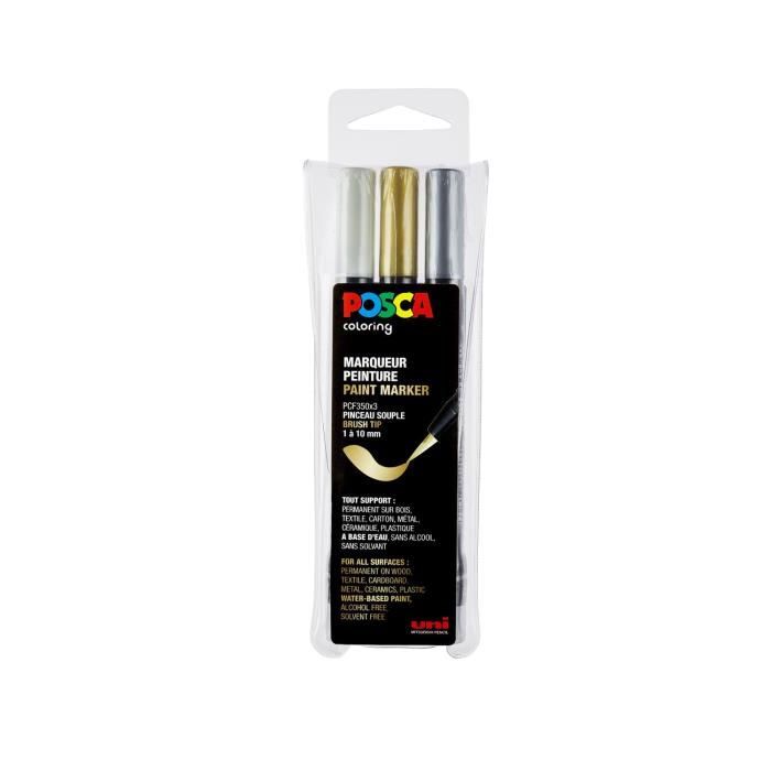Marqueurs pinceau - POSCA - PC350 - Set de 3 - Or - Argent - Blanc