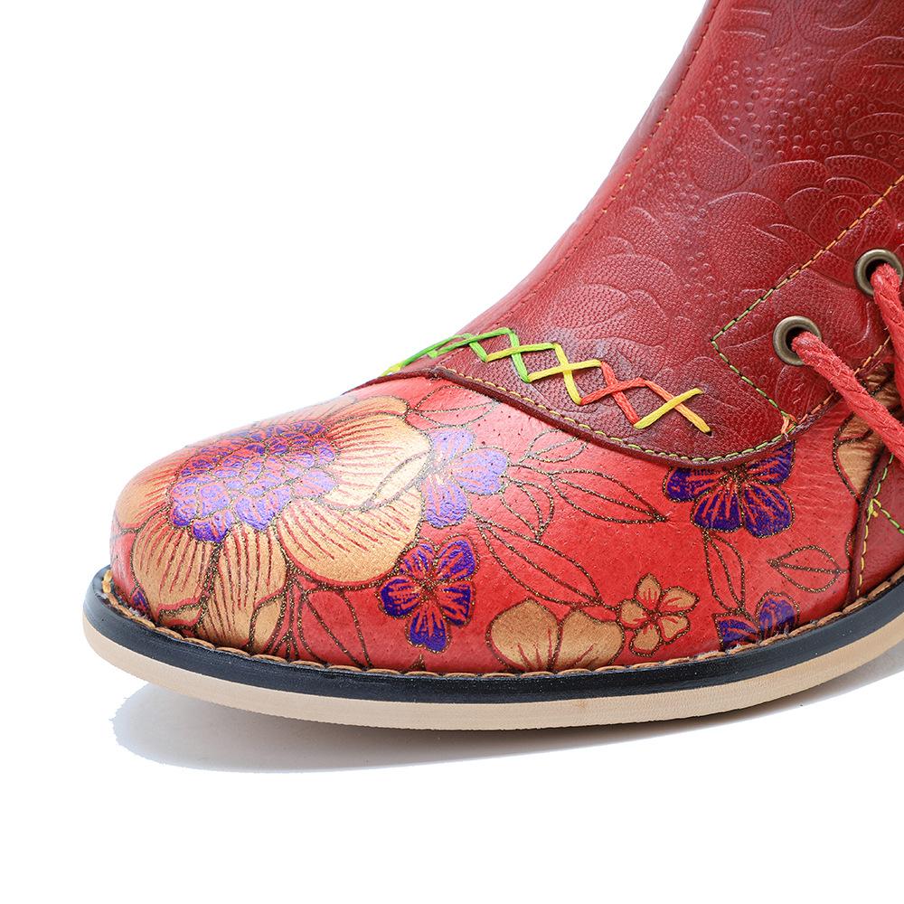 Johnature Винтажные красные туфли, женские короткие сапоги ручной работы из натуральной кожи с принтом на шнуровке