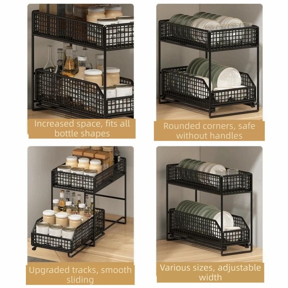 Iron Pull Out Storage Rack Stable Frame Sliding Cabinet Basket 2 Tier Storage Basket for Kitchen
