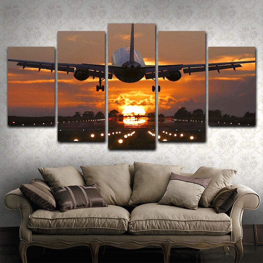 5 Pieces Wall Art Canvas Painting Landscape Poster Airplane In The Sunset Modern Living Room Nordic For Decoration Home