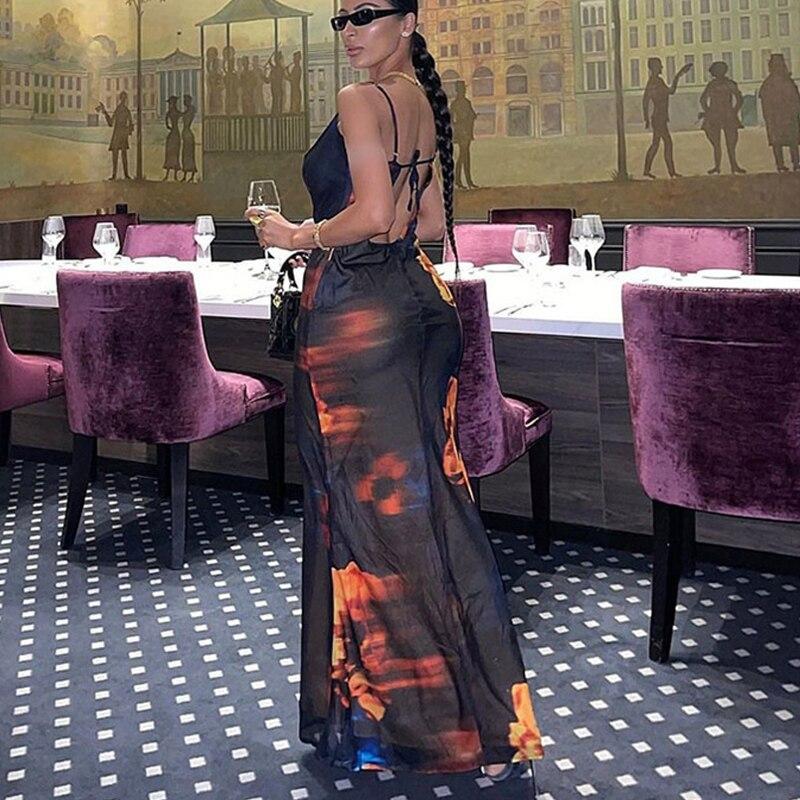 Модное женское длинное платье с принтом, открытая спина, вечернее сексуальное облегающее платье-сарафан 2023 года, без рукавов, набедренная повязка, макси-платье Vestidos 26250